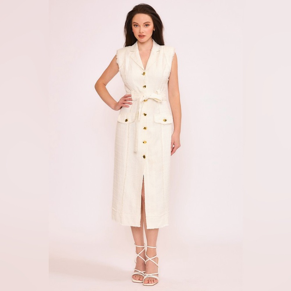 NWT Tweed Gold Button Detail Belted Trench Dress in White Gold